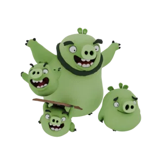 Modelo 3D do Rei Porco de Angry Birds, com três lacaios verdes menores, contra um fundo branco.