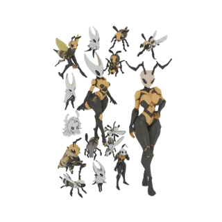 Una colección de modelos 3D que presenta guerreros abeja antropomórficos en varias poses, con armadura detallada y caracterís