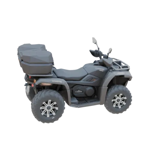Modello 3D di un quad grigio scuro con un grande box portaoggetti sul retro, mostrato da un'angolazione laterale.