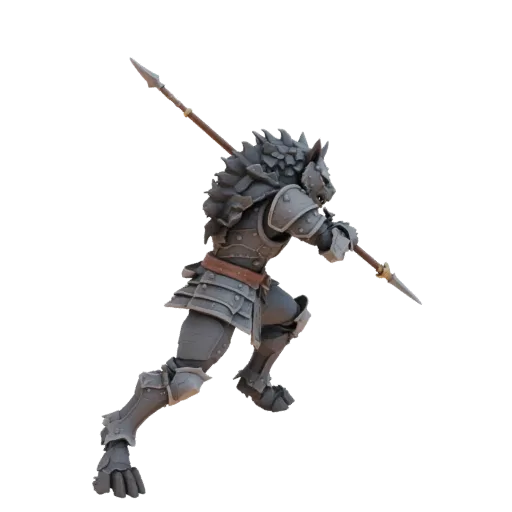 3D-Modell eines Werwolf-Kriegers in grauer Fantasy-Rüstung, der einen Speer hält, in dynamischer Angriffshaltung.