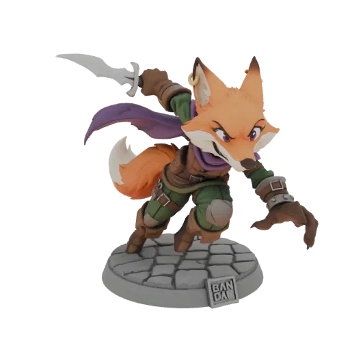 3D model of a fierce fox rogue character in a dynamic pose, holding a dagger, wearing adventurer's clothing, and standing on a cobblestone base with a Ban Dai logo.