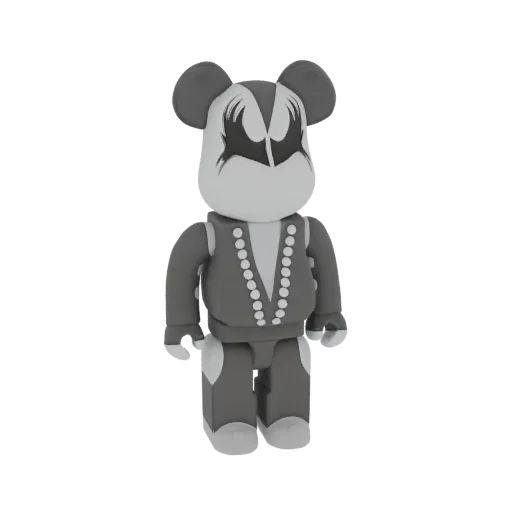 3D model of a KISS Gene Simmons Bearbrick figure in grayscale, featuring iconic face paint and stage costume.
