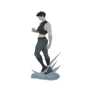 3D model of a monochrome anime warrior with short hair, wearing a crop top and pants, standing dynamically on a base of sharp