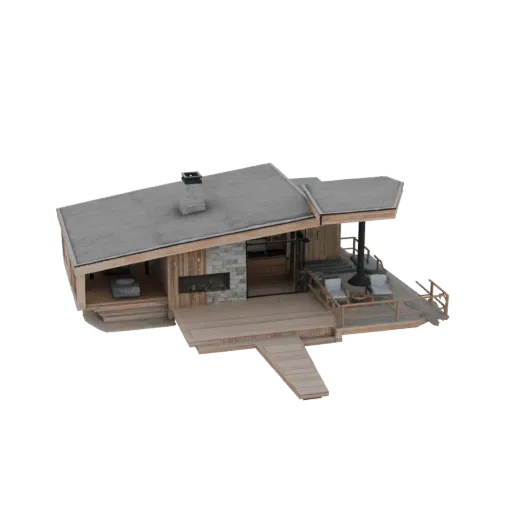 3D model of a modern wooden cabin with a large deck, outdoor seating, and a stone fireplace.