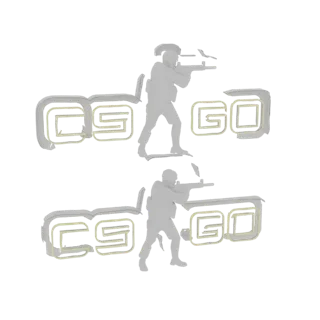 Modello 3D del logo CS:GO con due silhouette di soldati, con effetto bagliore neon giallo.