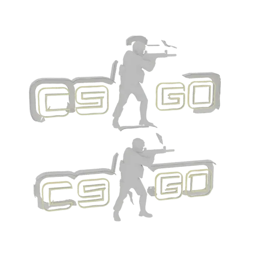 3D model of the CS:GO logo with two soldier silhouettes, featuring a yellow neon glow effect.