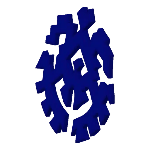 3D render of a blue geometric snowflake emblem with sharp, symmetrical patterns against a black background.