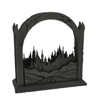 Modello 3D di un arco gotico scuro che incornicia una dettagliata silhouette di una città fantasy con guglie e torri.