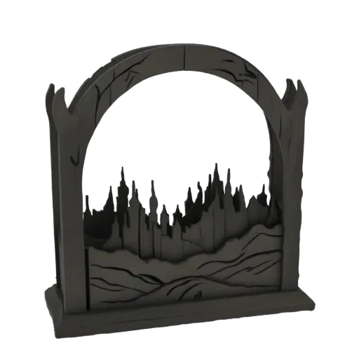 Modello 3D di un arco gotico scuro che incornicia una dettagliata silhouette di una città fantasy con guglie e torri.