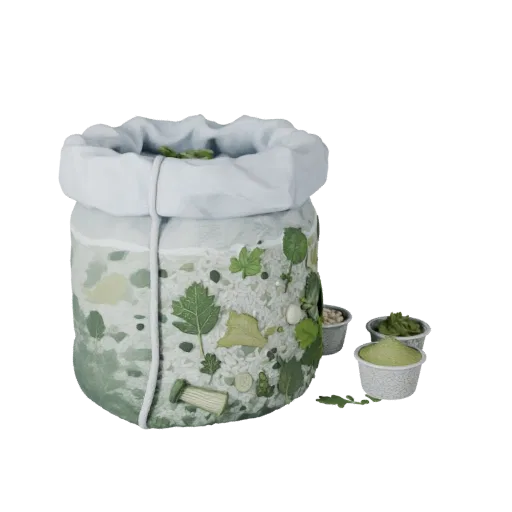 Fresh Herb Rice Sack Stylized 3D model, stylized isometric render, showing powders, small ingredient shapes.