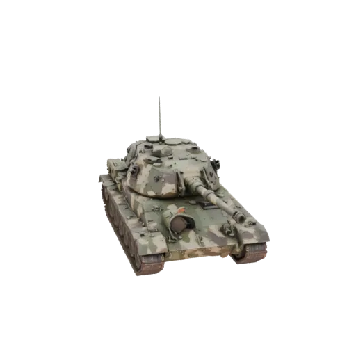 Vista frontal em três quartos de um modelo 3D detalhado de um tanque T-80UD Sovremennyy com padrão de camuflagem estilo sovié
