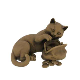 3D model of a bronze-colored kitten playfully reaching into an open coin purse with coins scattered around.
