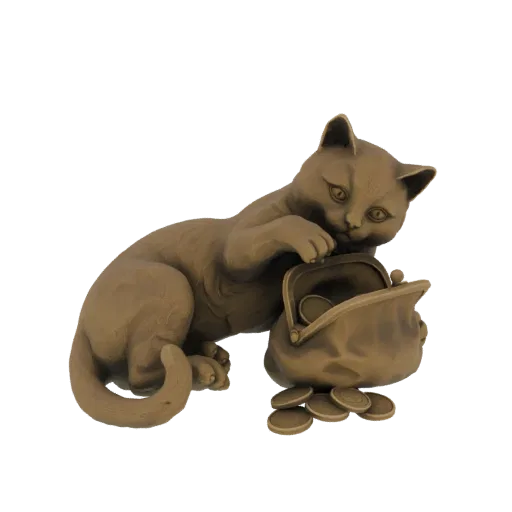 3D model of a bronze-colored kitten playfully reaching into an open coin purse with coins scattered around.