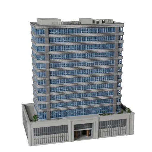 Office Block Blender-ready 3D model, Blender studio render view, showing commercial office building materials and architectural detail