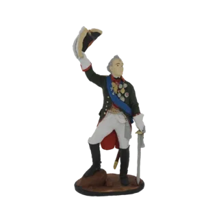 3D model of a historical military commander figure in uniform, holding a hat aloft and sword at his side, standing on a rocky