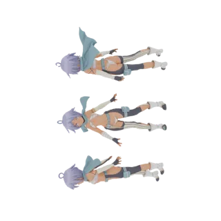 3D model of an anime girl with purple hair, wearing a white bikini and a blue cape, posed dynamically in mid-air.