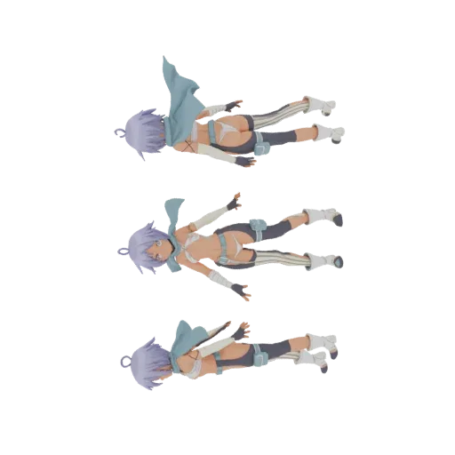 Modelo 3D de chica anime con cabello morado, vistiendo bikini blanco y capa azul, posada dinámicamente en el aire.