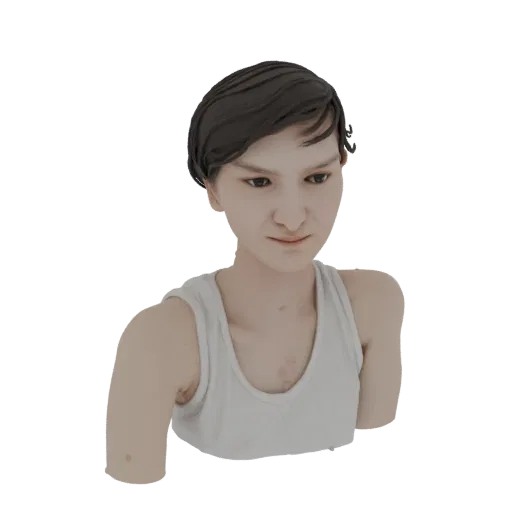 3D model render of a young woman with short dark hair, wearing a white tank top, looking slightly down with a neutral express