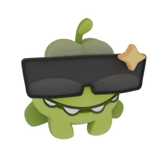 3D model of Om Nom character wearing black sunglasses with a golden star accent, against a black background.