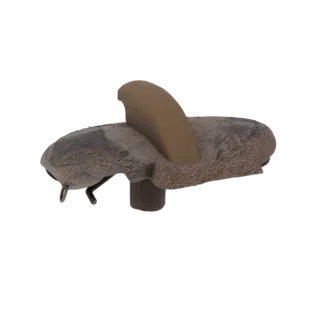 Rendu 3D d'un leurre de canard camouflé avec une nageoire marron, sur fond blanc.