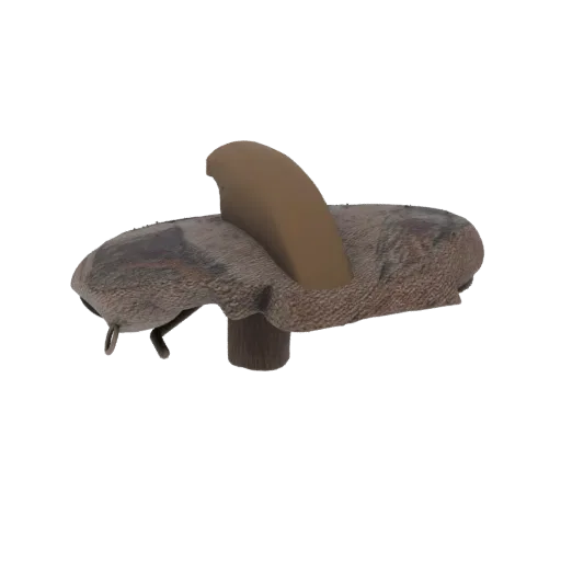3D model render of a camouflaged duck decoy with a brown fin, set against a white background.