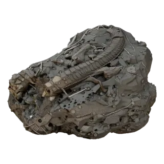 3D model of a fossilized scorpion embedded in gray rock with uneven texture, on a black background