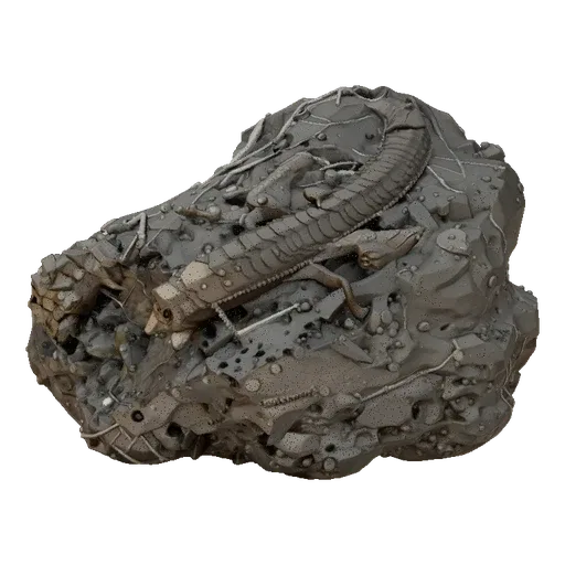 3D model of a fossilized scorpion embedded in gray rock with uneven texture, on a black background