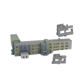 3D model of a modern, multi-story apartment building with gray walls, yellow and green window frames, and green architectural