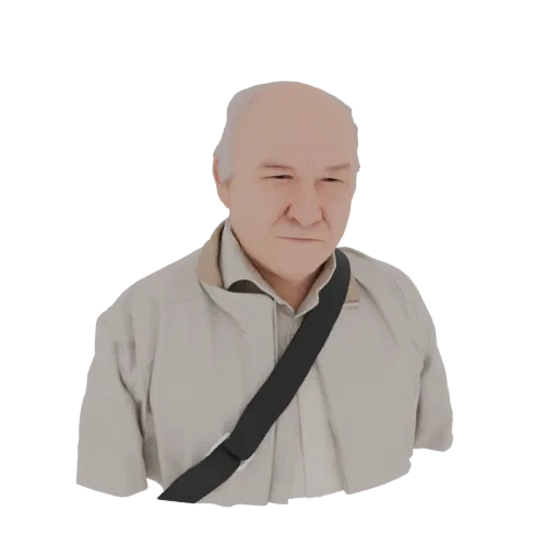 3D model of a bald man wearing a beige jacket and a dark shoulder strap, with a neutral expression.