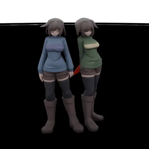3D model of two anime-style female characters, one in blue and one in green, standing together and holding a red knife.