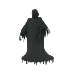 3D model of the Grim Reaper with glowing red eyes, wearing a dark, tattered hooded robe, with skeletal hands visible.