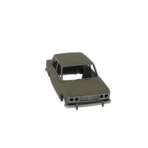 3D model of a vintage olive green sedan, viewed from a three-quarter front angle against a white background.