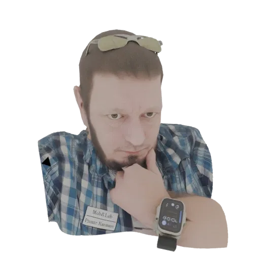 3D model render of a man with light brown hair, wearing sunglasses on his head and a blue plaid shirt, with his hand on his c