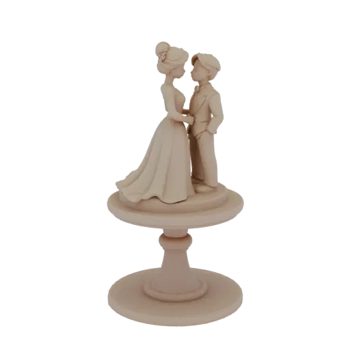Bohemian Bride Groom wedding cake topper 3D model, studio close-up view, romantic celebration pose with cake base footpr