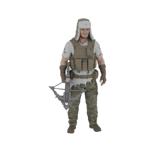 3D model of a rugged wasteland hunter wearing a fur hat and tactical vest, holding a crossbow.