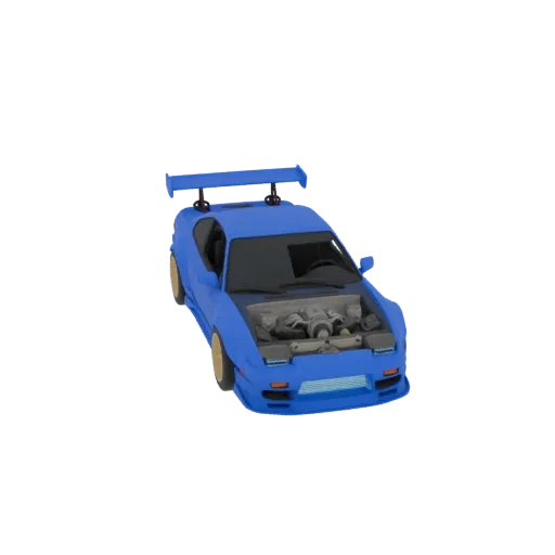 3D model of a blue 1990 Nissan 240SX (S13) hatchback, modified for drifting with a widebody kit, large GT-wing, and gold rims