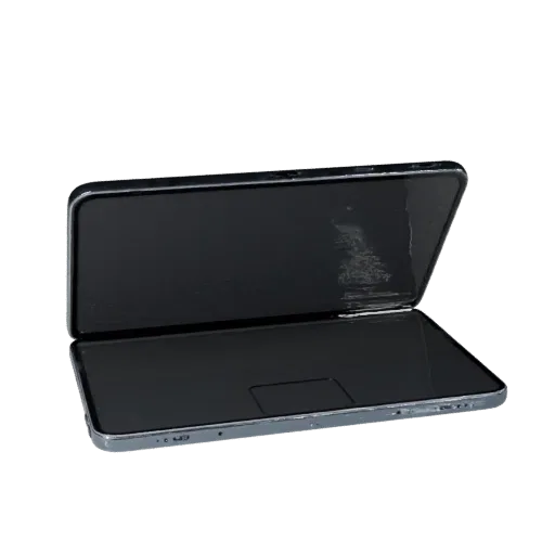Foldable Tablet Phone Product Viz 3D model, three-quarter studio product render, showing glass screens, form detail.