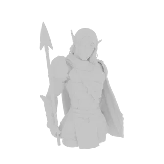 Rendu 3D d'un Guerrier Elfe fantasy avec des oreilles pointues, portant une armure et tenant une lance, présenté sur fond bla