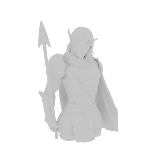 3D model render of a fantasy Elven Warrior with pointed ears, wearing armor and holding a spear, presented on a white backgro