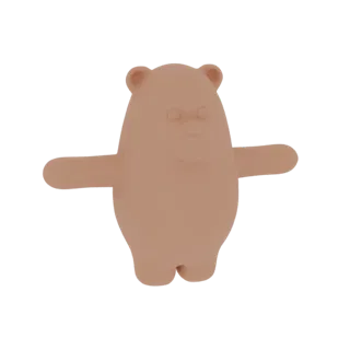 A 3D render of a minimalist, light brown bear figurine with simple features and arms outstretched, set against a white backgr