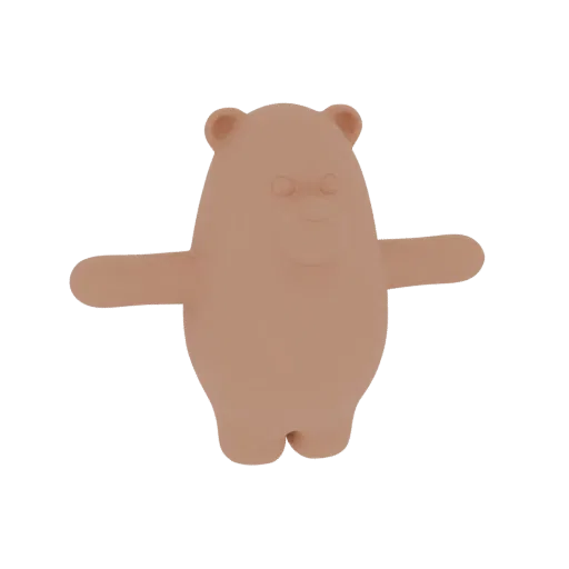 A 3D render of a minimalist, light brown bear figurine with simple features and arms outstretched, set against a white backgr