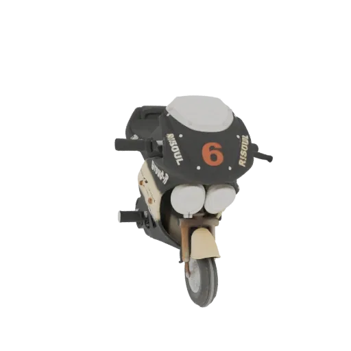 Modelo 3D de scooter de corrida retrô com esquema de cores preto e creme, apresentando decalques de corrida e o número 6.