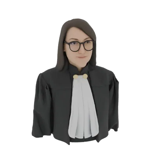 3D model of a female lawyer wearing black robes and glasses, with a white jabot.