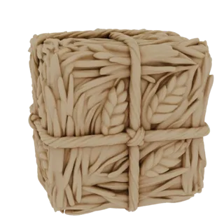 3D model of a cube wrapped in rope, with carved wheat sheaf designs on its sides, rendered in a light tan color.
