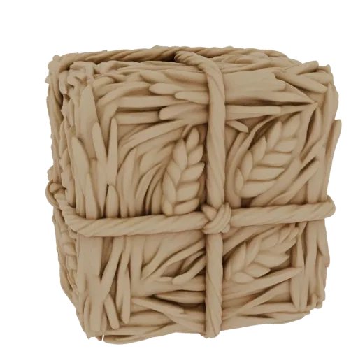 Modèle 3D d'un cube enveloppé de corde, avec des motifs de gerbes de blé sculptés sur ses côtés, rendu en couleur beige clair