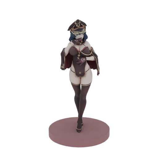 Modello 3D di un ufficiale militare anime con cappello, uniforme scura e calzettoni alti, in piedi su una base circolare.