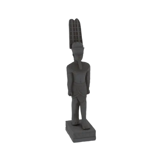 Ein 3D-Modell einer grauen, steinfeldigen Statue eines altägyptischen Pharaos, der einen Nemes-Kopfschmuck und einen Kilt trä