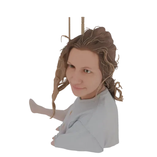 Rendu 3D d'une jeune femme aux longs cheveux blonds flottants et aux yeux verts, portant un t-shirt clair.
