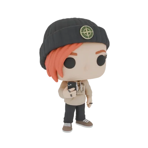 3D model of a stylized streetwear girl wearing a black beanie with a green emblem, a tan hoodie, and black pants, holding a b