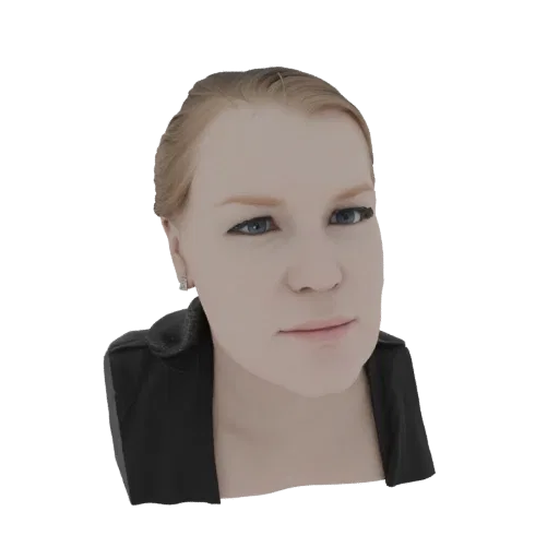 Renderização de modelo 3D do rosto de uma mulher loira, olhando para frente, usando uma jaqueta escura.